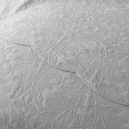 HoneiLife Quilt Set Queen Size - 3 Piece Queen Quilt Bedding Set Microfiber Quilt Sets Lightweight Bedspreads Reversible Coverlets Retro Bed Cover Floral Bedding Set All Season Quilts-Light Grey - color: Grey, size: Queen/Full-90"x96"