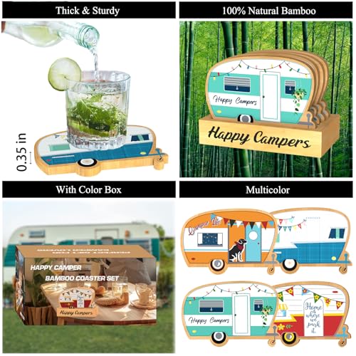 4Pcs RV Camper Coasters Set, Camper Decor, Bamboo Coasters Set Suitable for Kinds of Cups, Modern Style Coasters for Coffee Table, Camping Gifts for Camper Lovers Women Men