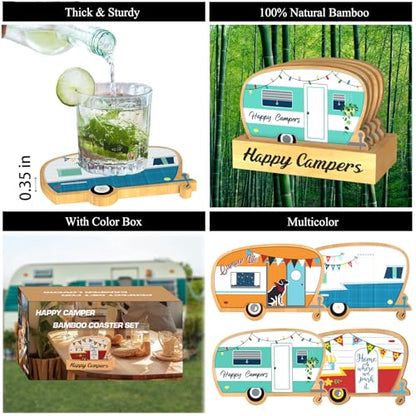 4Pcs RV Camper Coasters Set, Camper Decor, Bamboo Coasters Set Suitable for Kinds of Cups, Modern Style Coasters for Coffee Table, Camping Gifts for Camper Lovers Women Men