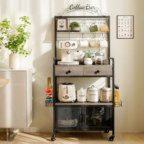 Coffee Bar Cabinet with Storage, Coffee Cart with Wheels, Coffee Station with Coffee Bar Sign and Mug Hook, Corner Coffee Bar Table with Drawer, Bakers Rack for Kitchen Dining Room Living Room Nook - color: Black & Gray Oak