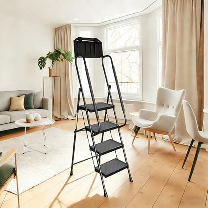 Valeo 4 Step Ladder with Handrails,500 Lbs Capacity,Folding Step Stool Ladder with Attachable Tool Bag,Lightweight & Storage Step Ladder 4 Step Folding,Multi-use for Home,Kitchen,Office,Black - style: 4 Step Ladder with Handrails