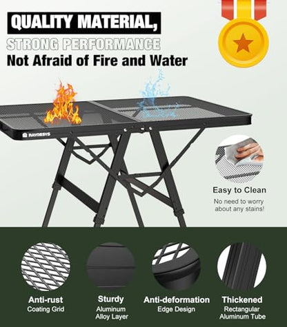 Raynesys Foldable Grill Table with Mesh Desktop, 200lbs 3Ft Portable Folding Table, Height Adjustable Metal Table for Ourdoor, Camping, Picnic, BBQ and Beach, RV, 35.4" L x 23.6" W - size: L(3ft-35.4"x23.6"x14.2"/18.9"/24.4")