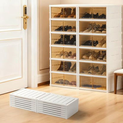 Foldable Shoe Rack Organizer Collapsible Shoe Storage Organizer with Doors, Large Plastic Folding Shoe Rack, Clear Shoe Storage Boxes Easy Assembly Shoe Cabinet for Entryway (2 x 6 Tiers-12 Pairs) - size: 2 x 6 Tiers-12 Pairs