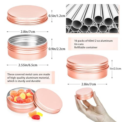 16 Pack 2oz Tin Jars, 60ml Metal Tin cans, 2Ounce Aluminum tin can jar Containers with Screw Lid for Lotion Bars, Toiletries, Creams, Samples, Makeup Cosmetic, Spices, Salve, Balms, Beard Balm - color: Rose Gold