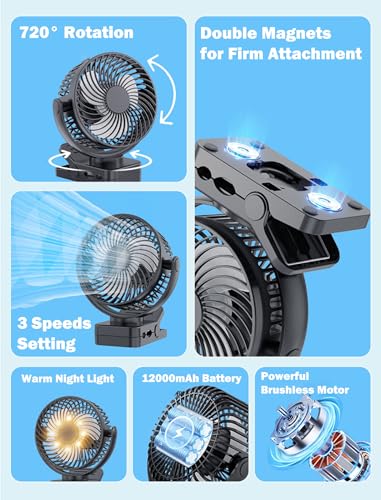 Magnetic Clip on Fan for Golf Cart, 12000mAH Battery Operated Portable Fan with 3 Speeds, LED Lantern, Magnetic Base, Suitable for EZGO Club Car Yamaha, Golf Cart & Cruise Ship Accessories - size: 1-Pack