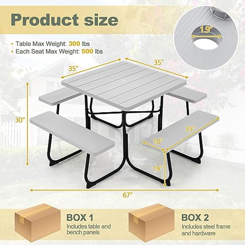 Tangkula 8 Person Picnic Table, Outdoor Square Picnic Table with 4 Built-in Benches, Umbrella Hole, Metal Frame & HDPE Tabletop, Outside Table and Bench Set for Backyard, 2300lbs Weight Capacity - color: Grey