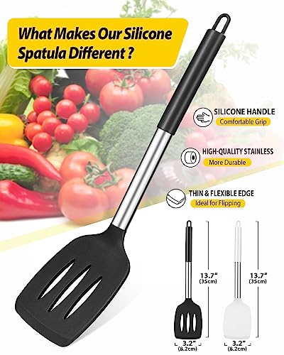 Pack of 2 Silicone Solid Turner, Non Stick Slotted Kitchen Spatulas, High Heat Resistant BPA Free Cooking Utensils, Ideal Cookware for Fish, Eggs, Pancakes(Black-White) - color: Black-White