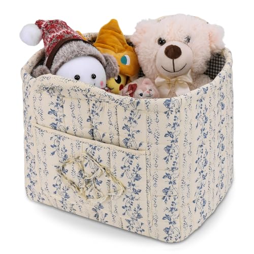 Storage Basket Boho Fabric Large Collapsible Floral Laundry Nursery Hamper Portable Folding Storage for Clothes Toys (Vine-Blue C) - color: Vine-Blue C