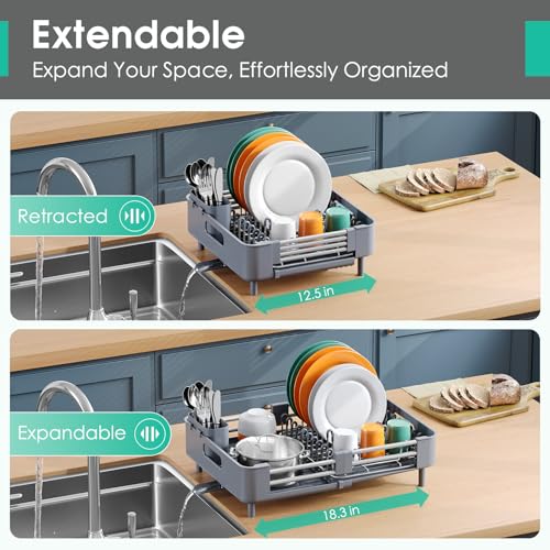 TOOLF Dish Drying Rack for Kitchen Counter, Extendable Dish Rack with Drainboard, Expandable Dish Drainer, Collapsible Dish Strainer with Cutlery Holder, Foldable Countertop Plate Rack, Light Gray - color: Light Gray