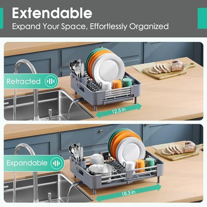 TOOLF Dish Drying Rack for Kitchen Counter, Extendable Dish Rack with Drainboard, Expandable Dish Drainer, Collapsible Dish Strainer with Cutlery Holder, Foldable Countertop Plate Rack, Light Gray - color: Light Gray