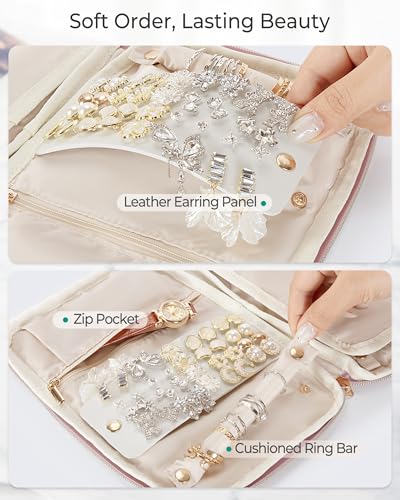 Marscamd Travel Jewelry Organizer Case for Women, Foldable Jewelry Bag for Earrings, Rings, Necklaces, Bracelets, Brooches, Pink - color: Pink