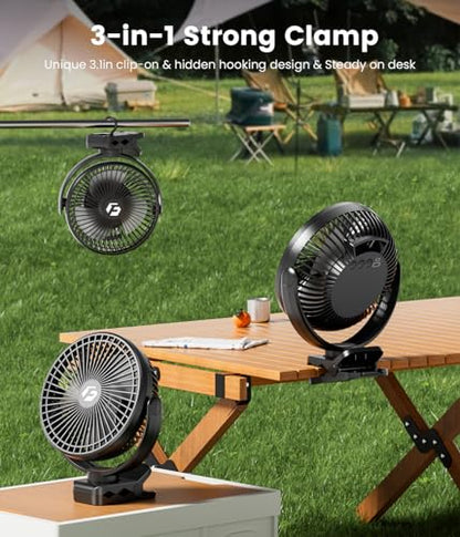 40000mAh Clip on Fan for Golf Cart - 8-inch Portable Rechargeable Fans - Max Up to 127Hrs Work Time - Battery Operated Fan with LED, Remote, Timers, Hook for Office, Desk, Camping, Treadmill, Tent