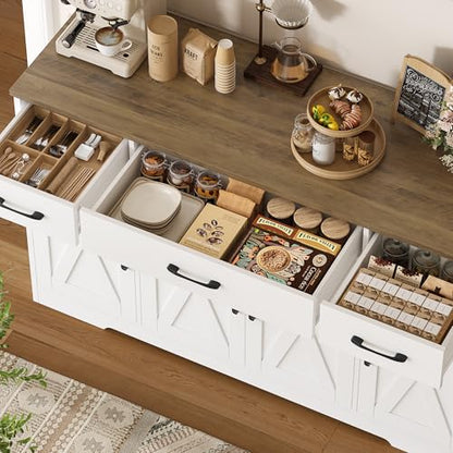 HOSTACK Buffet Cabinet with Drawers, 55" Large Sideboard Buffet Storage Cabinet with Shelves and Doors, Modern Farmhouse Coffee Bar Station Wood Kitchen Table for Kitchen, Dining Room, White/Rustic - color: White/Rustic