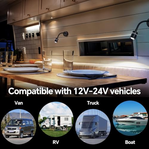 acegoo 12V LED Reading Light, RV Dimmable Reading Lamp with 20W USB-C Charger Red Nightlight & Steel Flexible Neck Light for Boat Camper Van Trailer Interior, Surface Mount, 2-Pack (Standard)
