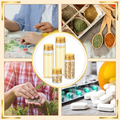 Didaey 100 Pcs Small Clear Vials Spice Mini Jars with Lids Mini Glass Bottles with Screw Aluminum Metal Caps Tiny Jars Sample Containers for Powder Cream Cosmetic Jewelry Wedding (4 Size,Gold Caps) - color: Gold Caps, size: 4 ml