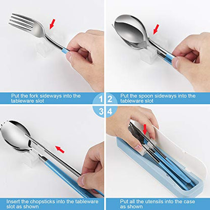 DEVICO Travel Utensils, 18/8 Stainless Steel 4pcs Cutlery Set Portable Camp Reusable Flatware Silverware, Include Fork Spoon Chopsticks with Case (Blue) - color: Blue