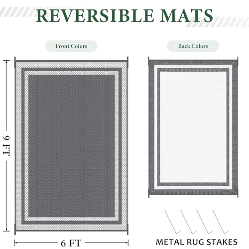 HappyTrends,Outdoor Rug,Patio Rug,Reversible Portable Plastic Straw Rug,Camping Rugs for Outside RV,Large Waterproof Area Rugs for Patio,Deck,Picnic,Porch,Balcony(6'x 9',White&Gray) - size: 6' x 9' (Rectangular)