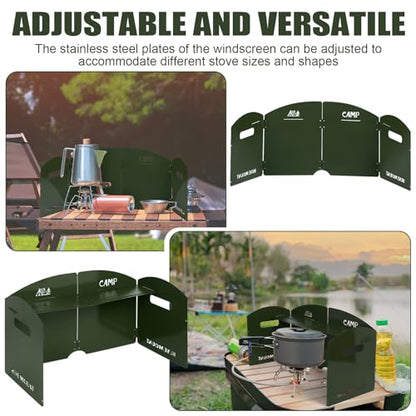 Camping Stove Windscreen 4 Plates Steel Camp Stove Windscreen Folding Outdoor Picnic Cooker Stove Wind Screen Windshield with Drawstring Bag for Camping, Hiking, Picnic, Backpacking, Cooking - color: Green