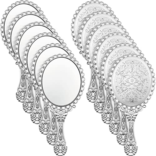 Qunclay 12 Pcs Vintage Silver Handheld Mirrors, Baroque Embossed Compact Makeup Mirror with Handle for Ice and Snow Themed Princess Party Favors, Weddings, Bridal Showers, Birthday Gifts, Travel - color: Silver