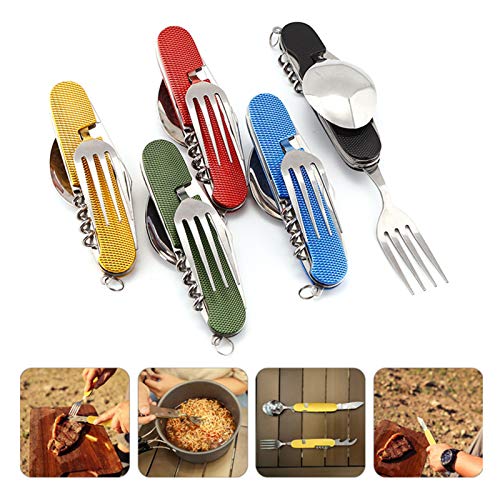 6-in-1 Multi-Function Camping Flatware Utensil Folding Knife Cutlery Detachable Pocket Kits with Carrying Pouch (Gold + Blue) - color: Gold + Blue