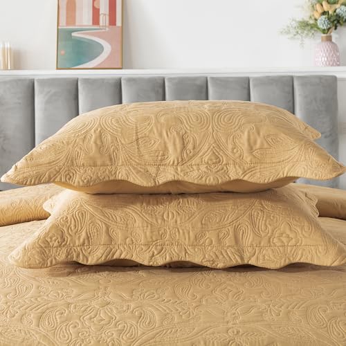 HoneiLife Queen Quilt Bedding Set - 3 Piece Microfiber Quilt Sets Lightweight Bedspreads Reversible Coverlets Retro Bed Cover Paisley Pattern Bedding Set All Season Quilts-Yellow - color: Dusty Yellow, size: Queen/Full-90"x96"
