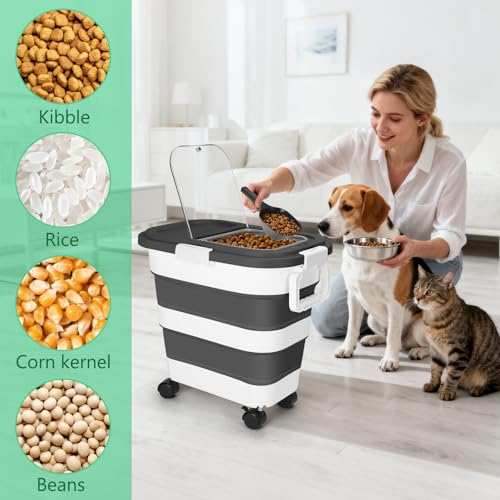 ShineMe Dog Food Storage Container, 30 Lbs Collapsible Food Storage Containers with Rolling Wheel Airtight Locking Lid, Cat Foods Bin with Cup and Scoop, Suitable for Pet Snack, Rice, Flour (Black) - color: 30 Lbs Black