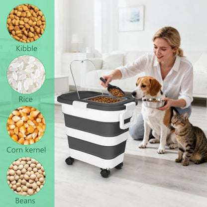 ShineMe Dog Food Storage Container, 30 Lbs Collapsible Food Storage Containers with Rolling Wheel Airtight Locking Lid, Cat Foods Bin with Cup and Scoop, Suitable for Pet Snack, Rice, Flour (Black) - color: 30 Lbs Black