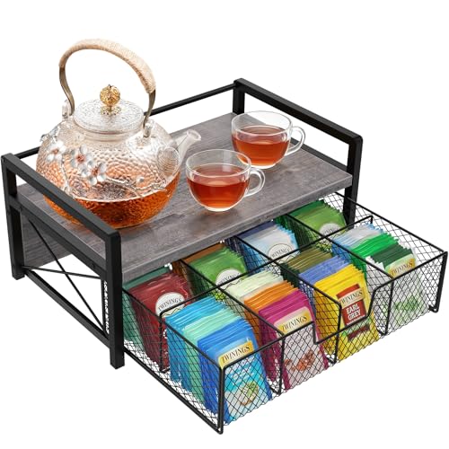 Tea Bag Organizer, Wood Tea Box Organizer with 8 Compartments & Drawer, Teabag Holder and Storage Box for Countertop, Tea Station Caddy Container Display Chest (Modern Gray) - color: Gray