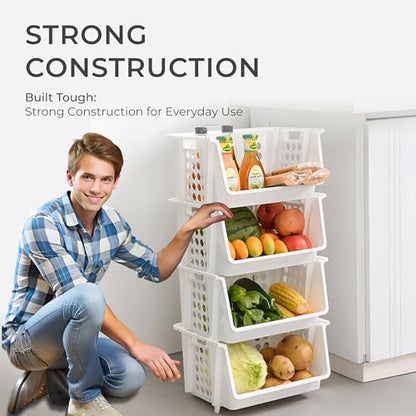 Large Stackable Storage Bins Open Front for Pantry Storage, 4 Pack - White | Sturdy Plastic, Easy Stacking, Open Front Access, Ventilated Sides, Vertical & Space Saving Pantry Organizers and Storage Bin