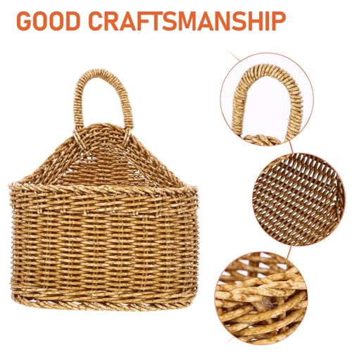 Cabilock Small Wall Hanging Basket | Boho Plastic Woven Kitchen Organizer | Compact 7.5 x 7.5 x 9.25 in size for small fruit, garlic, keys, or faux flowers