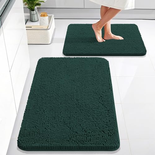 OLANLY Bathroom Rugs Sets 2 Piece, Soft Absorbent Chenille Bath Mats Set, Non-Slip, Quick Dry, Machine Washable Bath Mats for Bathroom, Home Decor Accessories (30"x20"+24"x16", Blackish Green) - color: Blackish Green, size: 30" X 20" + 24" X 16"