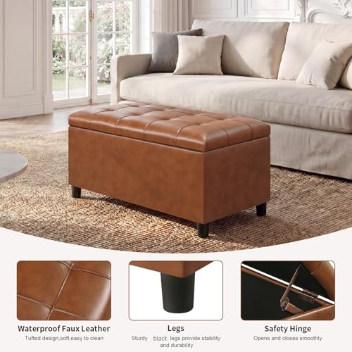 Asense Storage Ottoman Bench,Faux Leather Upholstered Ottoman with Storage,End of Bed Bench with Safety Hinge,for Entryway,Bedroom,Living Room - color: 32" Cognac Brown Faux Leather