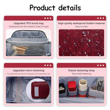 BOYATU Travel Makeup Bags Cosmetic Organizer Bag: 3-Set Large Capacity Make up Bag - PU Leather Toiletry Bags for Women - Wide Open Portable Pouch with Divider & Handle (02-Dark Red) - color: 02-Dark Red