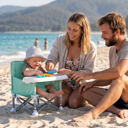 Tiny Marvels Baby Chair, Portable & Foldable for Travel & Beach, Ages 6M-3Y | BPA-Free Material, 3-Point Harness, 3-in-1 Baby Chair, Removable Tray & Carry Bag, Sturdy with Reinforcement, Non-Slip Feet - color: Green
