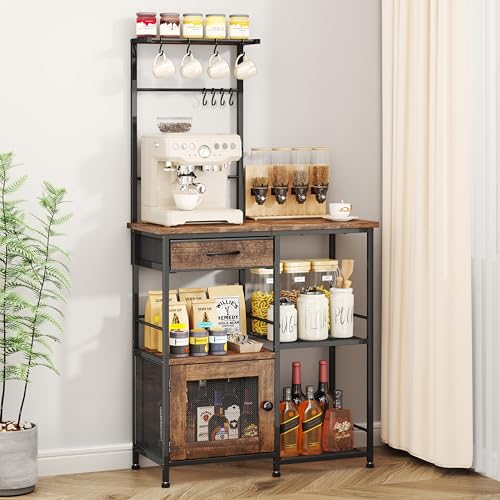 SWTYMIKI Coffee Bar with Hanging Rack - Farmhouse Coffee Stand Station Multi-Purpose Buffet Sideboard Cabinet with Drawers - Kitchen Bar Table for Living Room, Corner, Small Space, Espresso - color: Espresso - Standard, style: Coffee Station with Hanging