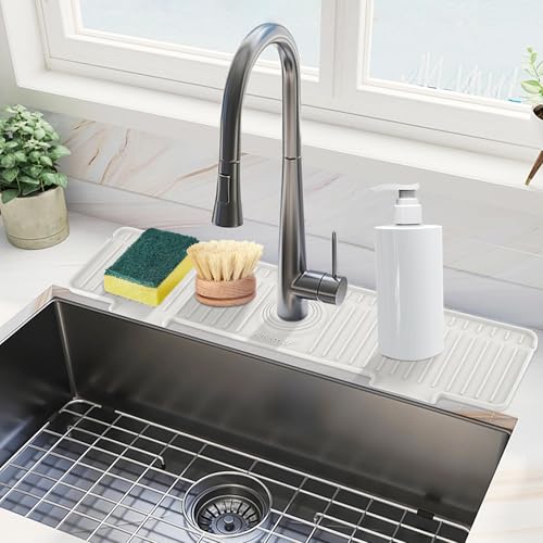 Kitchen Sink Splash Guard, 20IN Longer Silicone Faucet Guard & Draining Mat, Bathroom and Kitchen Sink Organizer, Sink Faucet Mat Water Splash Guard Behind Faucet Accessories Gadget, 20” x 5.5”, White - color: White, size: 20 IN