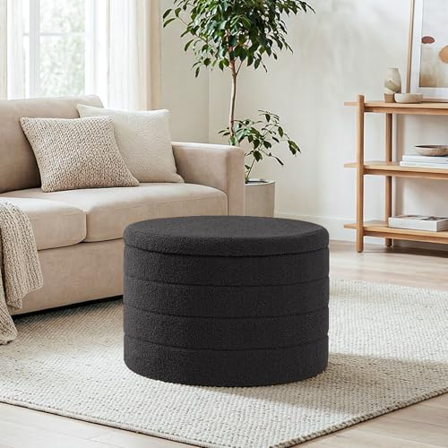 22" Round Storage Ottoman,Boucle Sherpa Ottoman with Tray, Faux Teddy Foot Rest Coffee Table for Bedroom Dorm Living Room,Dark Grey - color: Dark Grey, size: 22.2"D x 22.2"W x 15.8"H