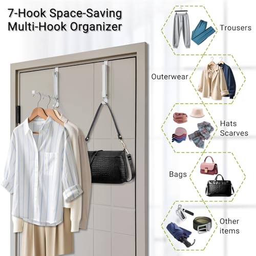 2-Pack Over The Door Hooks, 7-Hook Metal Door Hanger Clothes Drying Rack, Foldable Portable Space Saving, Extra Large Hook for Clothes Coat Bag - Bedroom Laundry Room Travel, White - size: 2 Pack