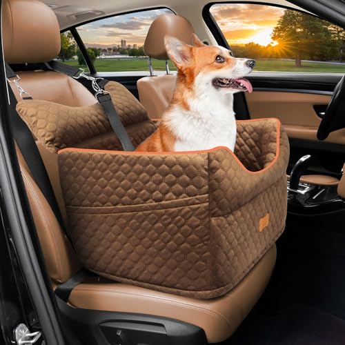 Dog Car Seat - Memory Foam Dog Booster Seat for Small Dogs Up to 25lbs-Elevated Pet Car Seat with Storage Pockets and Dog Seat Belt-Soft Pet Travel Bed for Front & Back Seats-Removable Washable-Brown - color: Brown