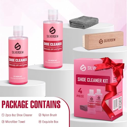 4PCS Shoe Cleaning Kit, Shoe Cleaner 8oz *2 Bottles, Sneaker Cleaner, Nylon Brushes & Microfiber Towel for Leather, Canvas, Mesh, Rubber & Synthetic Materials, Pink