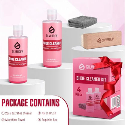 4PCS Shoe Cleaning Kit, Shoe Cleaner 8oz *2 Bottles, Sneaker Cleaner, Nylon Brushes & Microfiber Towel for Leather, Canvas, Mesh, Rubber & Synthetic Materials, Pink