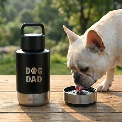 Dog Water Bottle 32oz, Insulated Stainless Steel Travel Water Dispenser with 2 Detachable Dog Bowls for Food and Water, Leak Proof Portable Pet Drinking Cup for Walking Hiking Camping - color: black dog dad