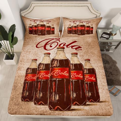 Feelyou Kids Cola Bedding Set Full Size, Vintage Fitted Sheet Drinks Bed Sheet Set Boys Girls Summer Holiday Teens Bedroom Decor Lightweight Bed Set (No Flat Sheet) - color: Dark Red, size: Full