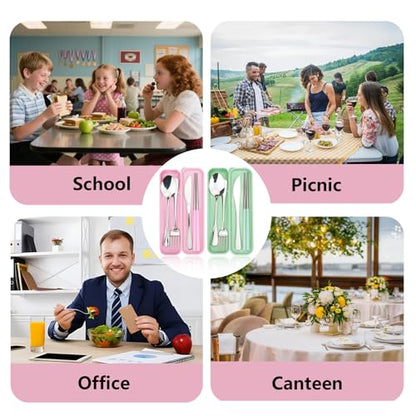 JEPELUS 2 Pcs Travel Utensils with Case, Reusable Lunch Box Silverware Set for Adult, Stainless Steel Cutlery Set Include Fork Spoon Knife Chopsticks Case for Work Camping Office School (Pink+Green)