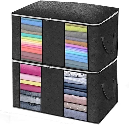 2-Pack Heavy-Duty Storage Bags with Zipper & Dual Clear View Windows | Waterproof Travel & Moving Organizers for Clothes,Bedding,Blankets | Foldable Reinforced Handles | Space-Saving Design,Black. - color: Black