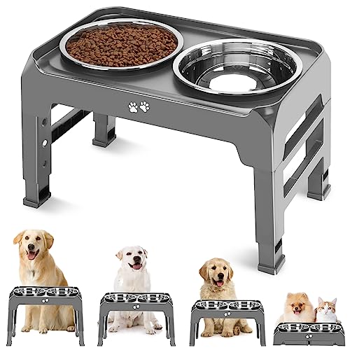 Elevated Bowls, 4 Height Adjustable Raised Stand With 2 Thick 50oz Stainless Steel Food Bowls, Non-Slip Feeder for Large Medium Dogs, Adjusts to 3.7", 9.2", 10.75", 12.36" Grey - color: Grey, size: 8" for Medium Dogs
