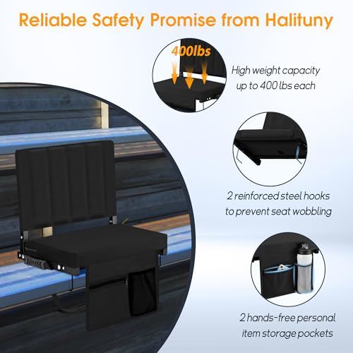 Stadium Seat for Bleachers with Back Support, Portable Bleacher Seat with Wide Comfy Padded Cushion, Metal Hook, Folding Stadium Chair with Shoulder Strap, Carry Handle, Cup Holder, Black - color: Black