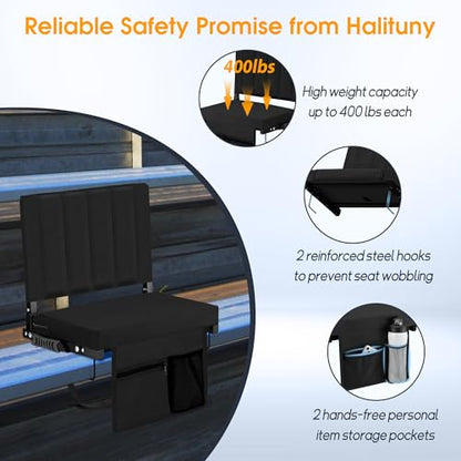 Stadium Seat for Bleachers with Back Support, Portable Bleacher Seat with Wide Comfy Padded Cushion, Metal Hook, Folding Stadium Chair with Shoulder Strap, Carry Handle, Cup Holder, Black - color: Black