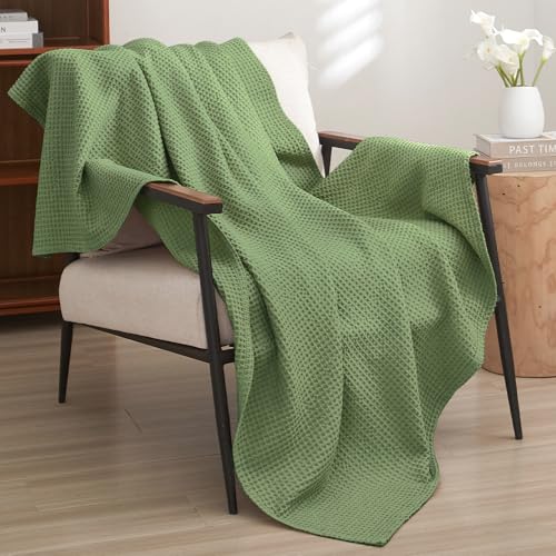 PHF Pre-Washed 100% Cotton Waffle Weave Throw Blanket for Couch, Lightweight Breathable Bed Blanket for Spring Summer, Snag Proof Machine Washable, Home Decor Gift - Loden Green - color: Loden Green, size: Throw(50" x 60")