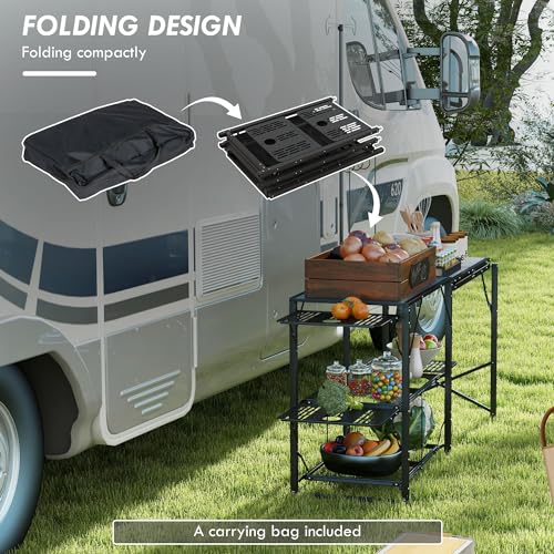 Outsunny Folding Camp Kitchen Table, Portable Camping Cooking Station with Adjustable Lantern Holder, Hanging Hooks and Carrying Bag for Outdoor Picnic Beach BBQ Traveling